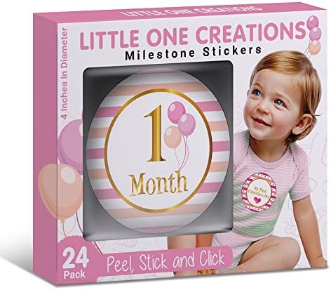 Baby Girl Monthly Milestone Stickers - (Set of 24) - Premium Box Included with Baby Stickers for Baby Shower or Scrapbook Keepsake