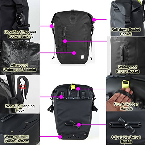 CamGo 25L Bike Panniers Bag Waterproof Bike Saddle Bag Extensible Bicycle Rear Seat Bag Shoulder Bag with Rain Cover for Riding Cycling (Black&Green)