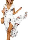 ZXZY Women Bohemian Print SplitDress Short Sleeve V Neck Floral Beach Maxi Dress