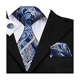 Hi-Tie Mens Blue Paisley Woven Silk Tie Pocket Square Cufflinks set