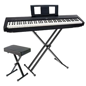 Image of Yamaha P45 88-Key Weighted Action Graded Hammer Standard Contemporary Digital Piano Keyboard in Black with AMW Stereo Sampling Sound with Yamaha PKBB1 Adjustable X-Style Bench and PKBX2 Stand
