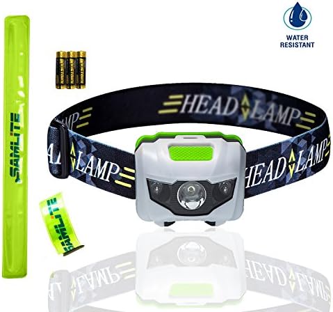 BEST LED Headlamp, 4 Modes, Bright White Light With Red Light, Super Bright, Water Resistant, Perfect For Kids &amp; Adults, Get 2 Free Wristband Reflector, 3AAA Batteries Included (WHITE/GREEN)- SAMLITE