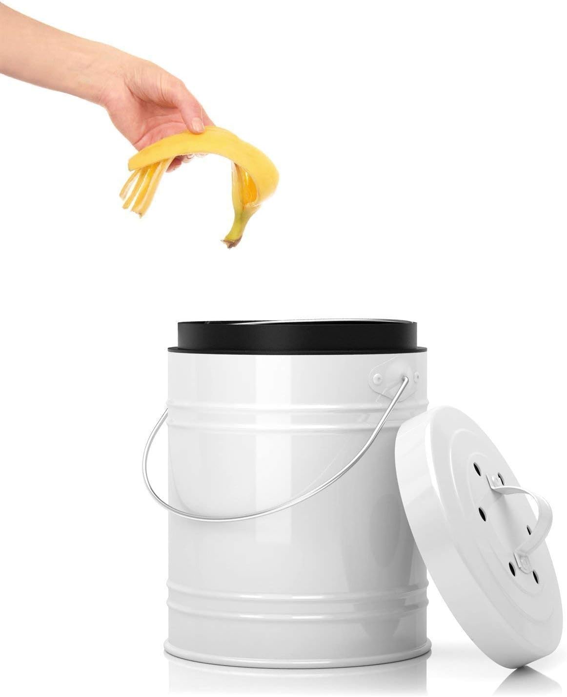 Oversized 1.3 Gallon Kitchen Compost Bin with EZ-No Lock Lid, Plastic Liner & Charcoal Filters in White & Black - Sturdy Construction & Odor-Free Seal w/Dishwasher Safe Bucket: Kitchen & Dining