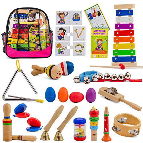 SMART WALLABY 26 pc. Toddler Musical Instruments Set + Bonus Puzzle Matching Game | Wooden Toys Educational Percussion Kit with Xylophone and Storage Backpack. Big Band