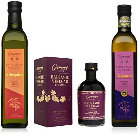 Spain and Italy Olive Oil and Balsamic Vinegar Gift Set | THREE PACK | Two 500ml Bottles of Spanish and Toscano EVOO and a 250ml Bottle of Balsamic Vinegar | 3 Units / Individually Boxed