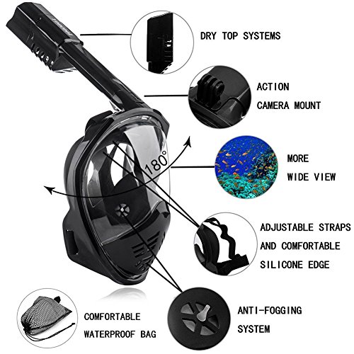 YOOCOOL Full Face Snorkel Mask Foldable 180Â° Panoramic View Diving Scuba Mask Free Breathing Full Face Snorkeling Mask with Waterproof Phone Bag (Black, Small/Medium)