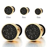 6-10mm Mens Women Gold Stud Earrings Steel Illusion Tunnel Plug Screw Back with Black Sand Glitter
