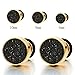 6-10mm Mens Women Gold Stud Earrings Steel Illusion Tunnel Plug Screw Back with Black Sand Glitter