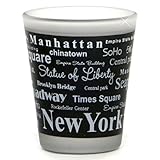 New York City Shot Glass, Black and White Text Landmarks and Sights from NYC