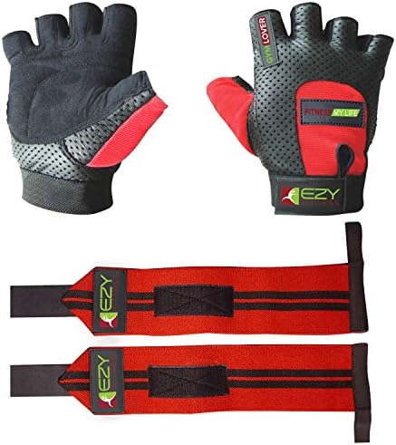 Weight Lifting Gloves (1 Pair) and Weightlifting Wrist Wraps (1 Pair) - 2 in 1 Package for Men & Women Cross Training Fitness Exercise Grip Glove for Gym, Powerlifting & Workout (Pack of 4)