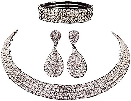 Rhinestone Crystal Choker Necklace 2/3/4/5 Rows Earrings and Bracelet set Crystal and Durable Clasp (4RowSilver)