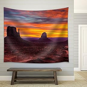 Monument Valley Sunset West and East Mittens and Merrick Butte Utah - Fabric Wall Tapestry Home Decor - 51x60 inches