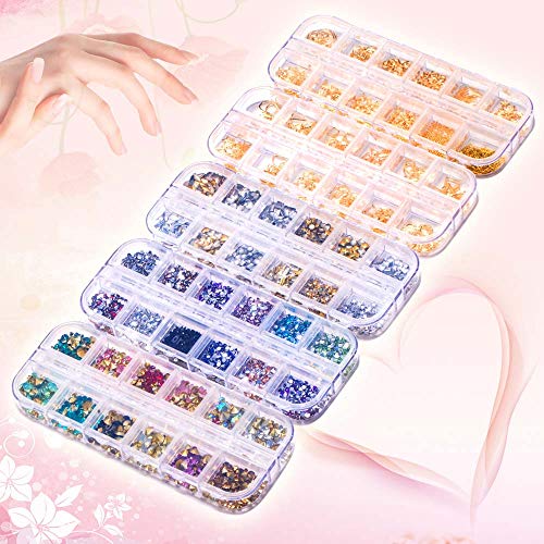 5 Boxes Nail Art Rhinestones Gold Silver Metal Nail Art Studs Rivets Nail Crystal Gems, Colorful Nail Art Rhinestones Nail Diamonds Kit with Tweezers and Wax Pen for Nail Art Supplies Accessories