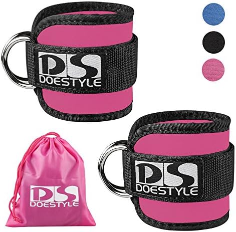 Double Ring Ankle Straps Women by Doestyle, Adjustable Fit Ankle Cuff Strap for GYM Cables Machine Workouts for Ab, Leg & Butt Weight Exercises Men & Women Fitness (Dual D-ring Plus, Pink)