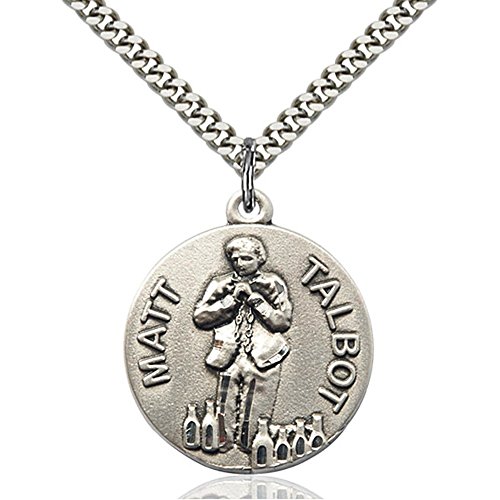 Sterling Silver Matt Talbot Pendant 1 X 7/8 inches with Heavy Curb Chain