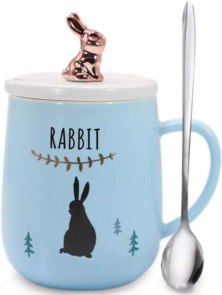 Sunddo Cute Rabbit Mug Animal Morning Mug Office Porcelain Bunny Tea Coffee Milk Ceramic Cup with Lid and Spoon - Christmas Gift Birthday Gift for Women Girls Lady Rose Gold Blue 14 OZ