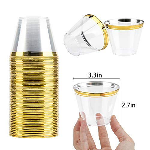 Gold Party Plastic Cups, Mokaloo 9oz Clear Disposable Plastic Cups With Gold Rim Perfect for Parties Weddings Graduation Birthday (100 pcs) - Thumbnail 2
