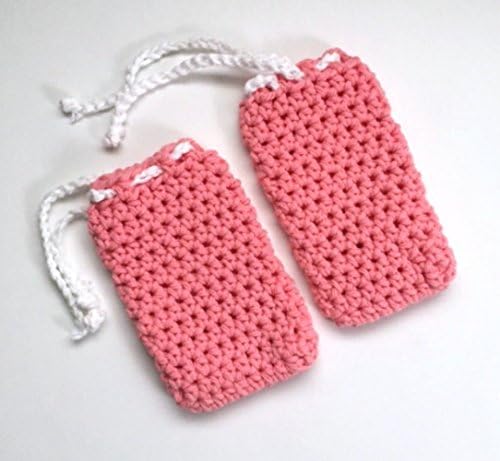 Set of 2 Handmade Crochet Cotton Pink Soap Saver Bag Drawstring Pouch Washcloth