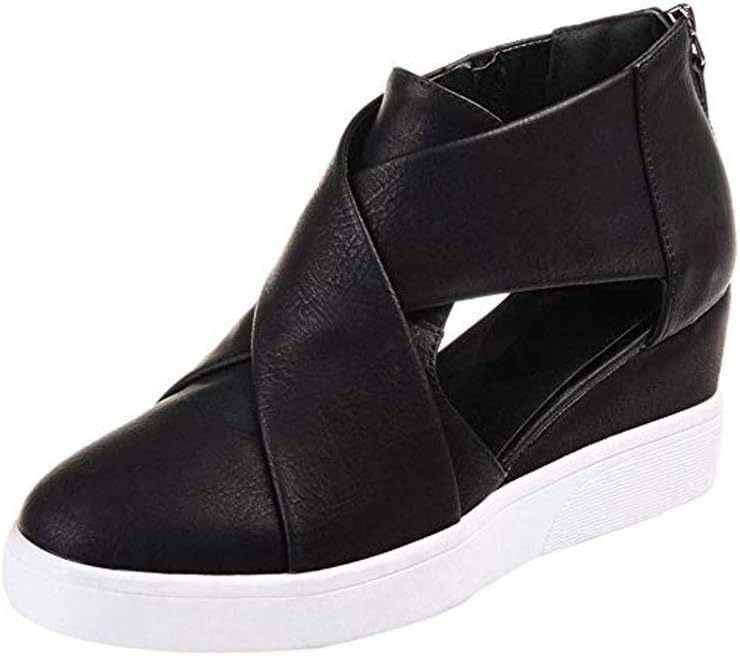 MayBest Womens Wedge Sneaker Strap High Top Platform Zipper Flats Silp On Shoes