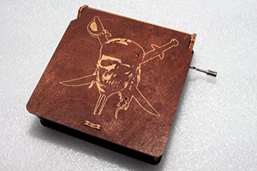 Pirate Skull Music Box - Pirates Of The Caribbean Davy Jones Locket Jack Sparrow - Engraved Wooden Box - Hand Crank Movement