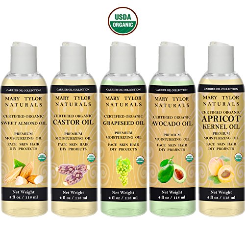 Organic Carrier Oil Set, 4 oz Each, USDA Certified Organic, Castor Oil, Avocado Oil, Apricot Oil, Sweet Almond Oil and Grapeseed Oil, Premium Quality Top 5 Gift Set by Mary Tylor Naturals