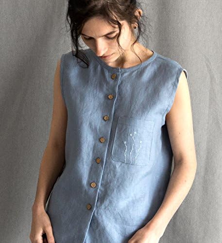 Linen tank top buttons pale blue light blue embroidered tank top summer blouse loose linen shirt grey sleeveless linen womens clothing