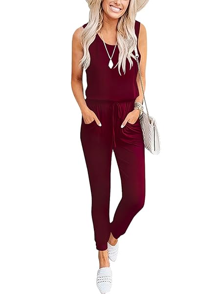 CARACILIA WOMEN’S TANK JUMPSUIT SUMMER CASUAL SLEEVELESS BEAM FOOT ELASITIC WAIST ROMPERS JUMPSUITS WITH POCKETS WINE RED X-LARGE