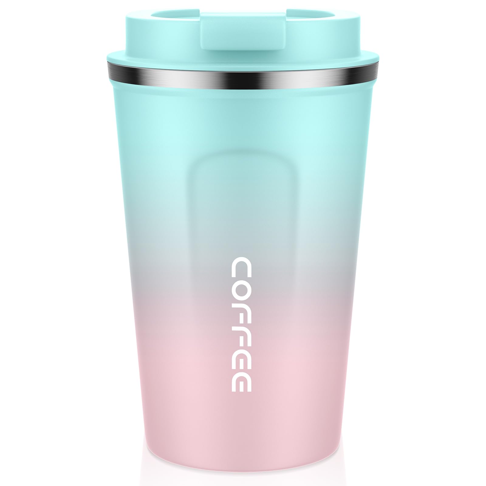 MOMSIV Coffee Cup, 380ml Vacuum Reusable Leakproof Double Wall Coffee Cup, Insulation Stainless Steel Eco-Friendly Travel Office Mug for Hot Coffee Tea and Cold Drinks, Green-Pink — image 1