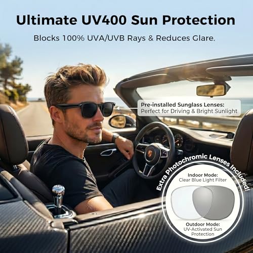 2026 Smart AI Glasses, 8MP 4K POV Camera, AI Assistant, HD Video & Voice Recorder, Meeting Transcriber, Translation, Open-Ear Bluetooth, UV Blocking + Photochromic Lenses for Outdoor & Hiking