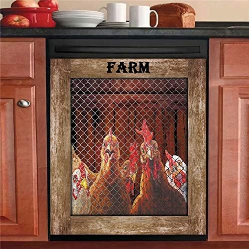 Magnet Funny Rooster Dishwasher Sticker,Country Chicken Kitchen Decor Fridge Magnetic Door Panels Cover,Farmhouse Refrigerator Decals Home Appliances Stickers 23″Wx26″H