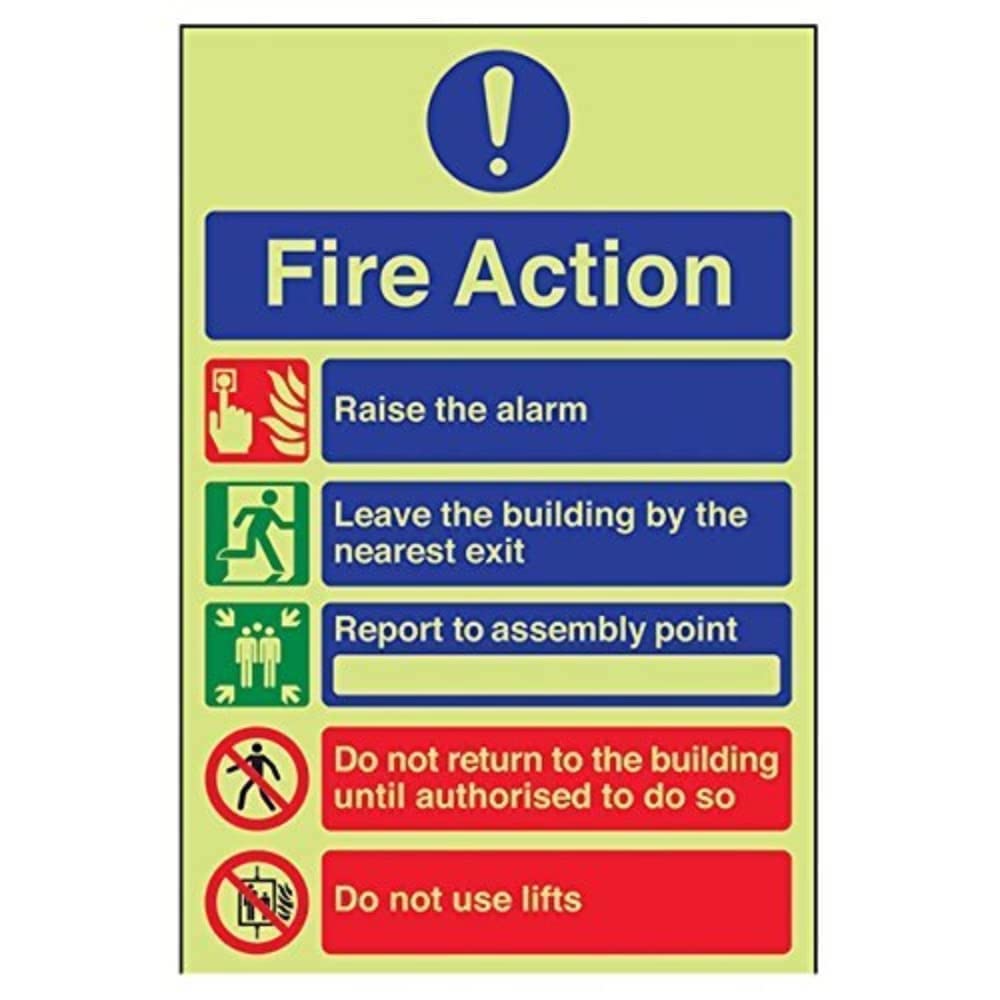 V Safety Glow In The Dark 5 Message Fire Action Notice Sign - 200mm x 300mm - Rigid Plastic — image 1