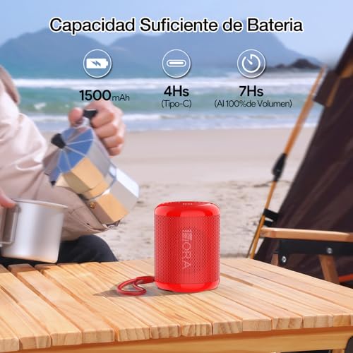 1 Hora Bocina Bluetooth Portátil 5W, Mini Bocina Inalámbrica con USB-C, Radio FM, TWS, USB/TF/AUX, Manos Libres, Batería 1500mAh, Bocina Pequeña para Viaje, Oficina y Casa, Rojo