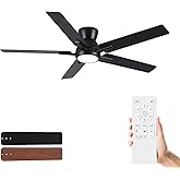 Sevenine 52 Inch Black Flush Mount Ceiling Fans with Lights and Remote, Black Low Profile Ceiling Fan for Bedroom Living Room Patio/Outdoor, Quiet 6 Speed Reversible DC Motor, 3CCT, Dimmable, 3 Timers
