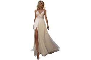 YMSHA Women's Beach Spaghetti Strap Wedding Dresses for Bride 2025 Boho Long Lace Bridal Gowns for Wedding YMS041