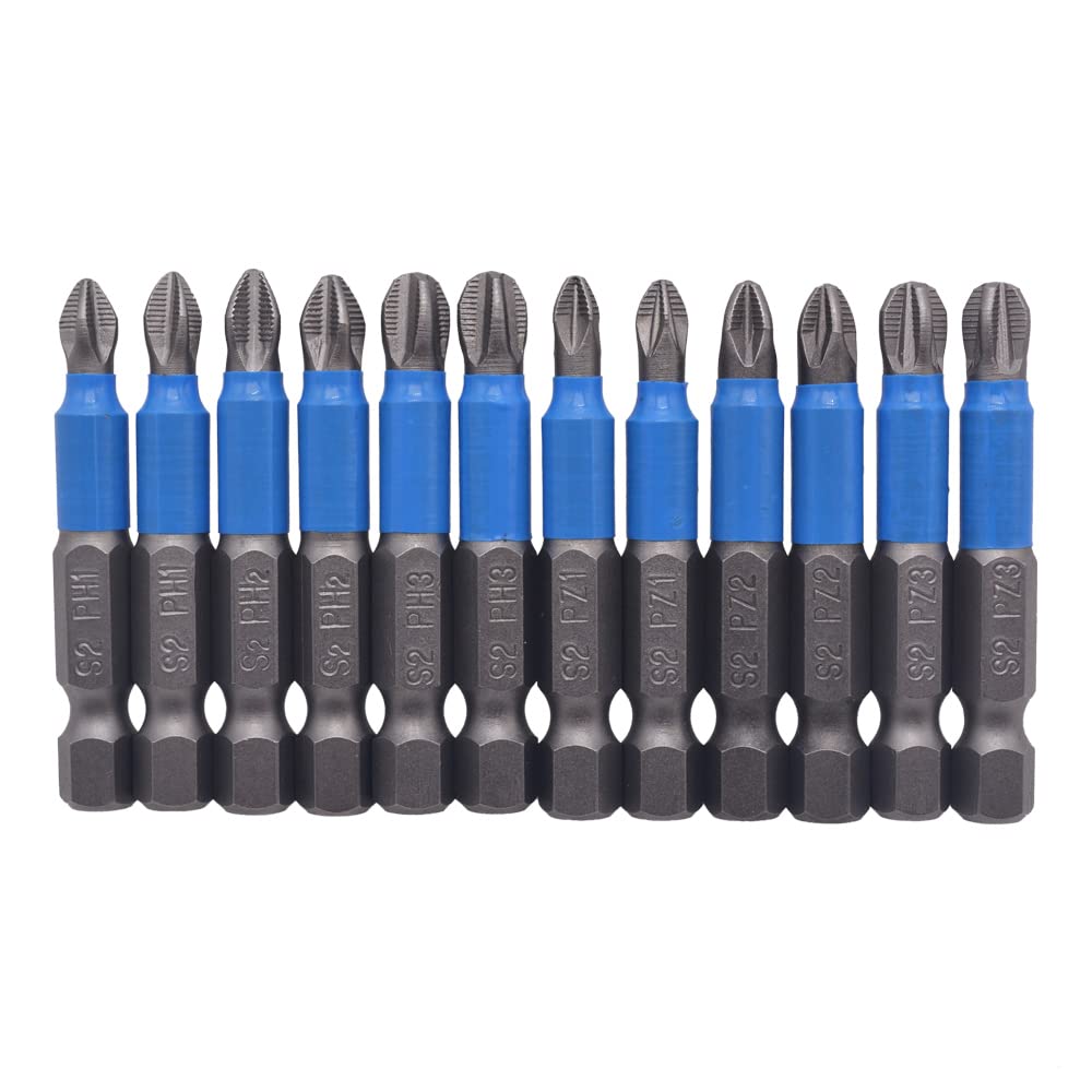 Fongmore 12Pcs 50mm S2 Steel Magnetic Anti Slip Cross Pozidriv Screwdriver Bits Set PH1 PH2 PH3 PZ1 PZ2 PZ3 1/4 Inch Hex Shank Cross Head Drill Bit
