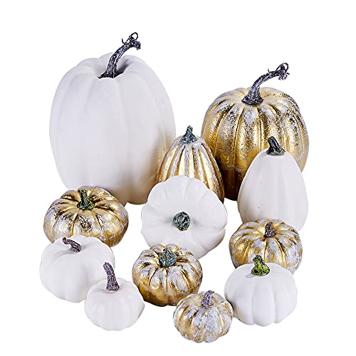 Ywlake Package of 12 Pcs Assorted Autumn Artificial Pumpkins Large Harvest Frosted Gold Plating and Big White Pumpkins for Fall Autumn Season Halloween Thanksgiving Holiday Party Decoration
