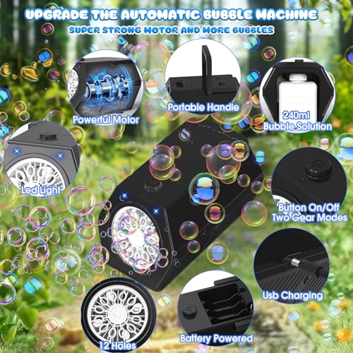 Upgraded 20000+ Bubbles/Min Portable Bubble Machine with Bubble/Light Solution, Bubble Machine for Kids, Outdoor Gift for Wedding/Party