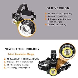 Headlamp, 2 in 1 Newest T6 Spot Zoomable+COB Board