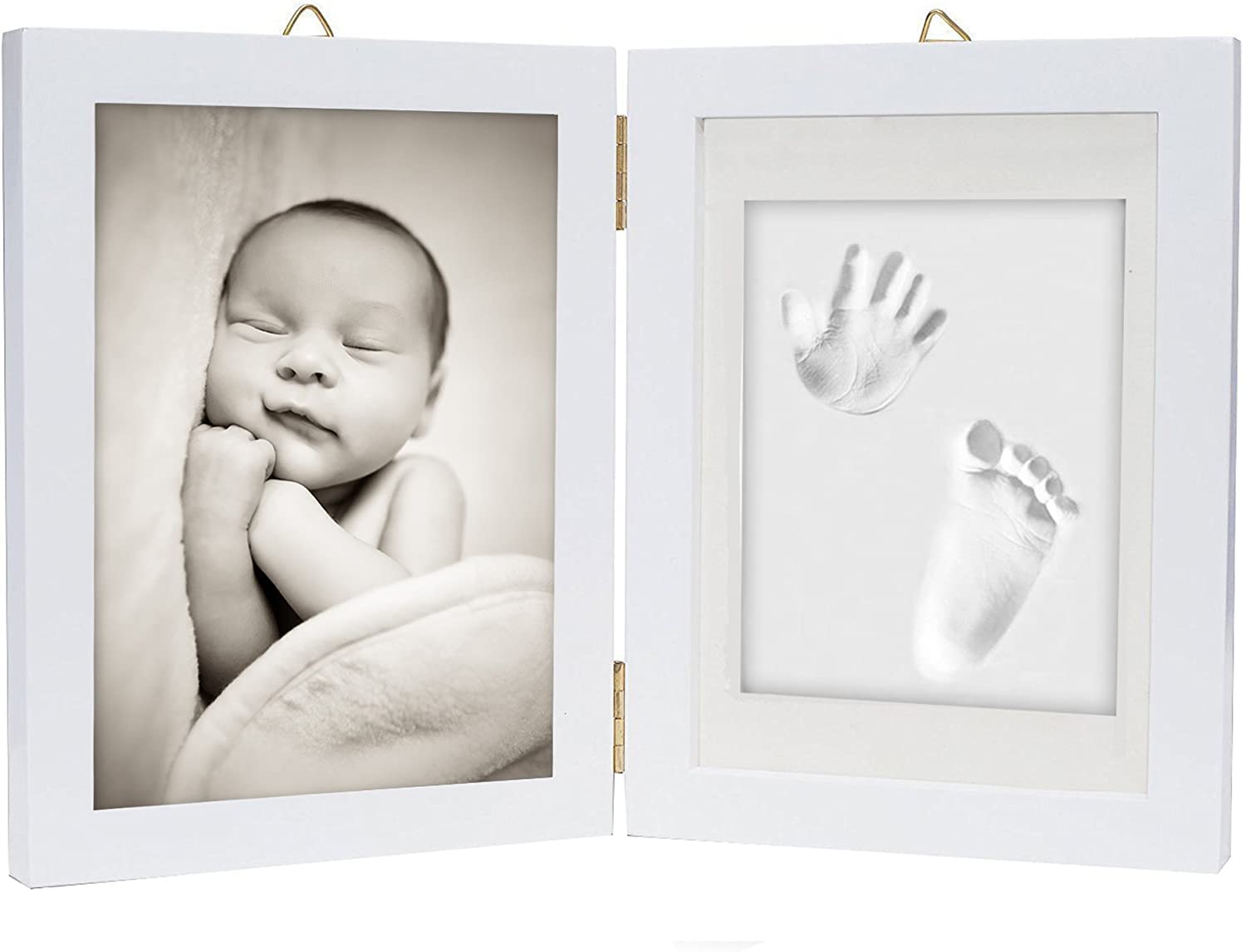 Chuckle Baby Hand and Footprint Kit - White Wooden Photo Frame (Fits 5x7 Pictures) with Air-Drying Clay, Roller and Instructions - Newborn Keepsake Gift for Baby Showers and New Mums