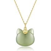 LOOYUUPEE Green Natural Jade Necklace, Cat Shape Jade Pendant for Women, Jade Jewelry for Women Lucky Gifts for Girls Women (925 Sterling Silver with Gold Plated)