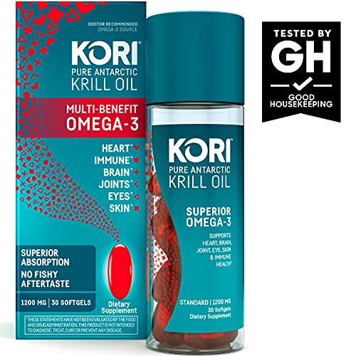Kori Antarctic Krill Oil Omega3 1200mg Max Strength 1 Softgel a Day for Heart Brain Joint Eye