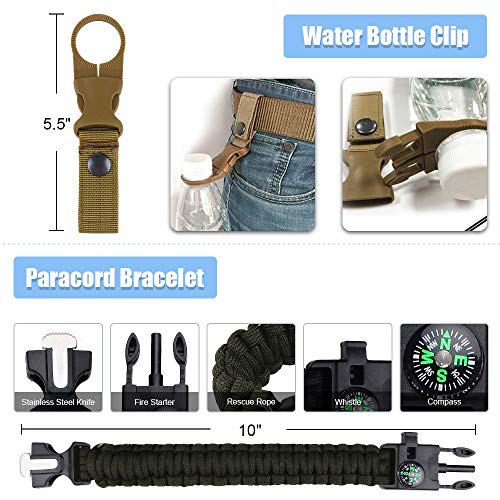 FUNANASUN Outdoor Survival Kit 25 in 1, Emergency Survival Gear Tool Pouch Holster with Compass, Survival Bracelet, Emergency Blanket, Protector Pen, Water Bottle Clip for Camping, Hiking, Adventure