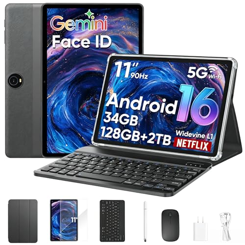 HNVHNV Android 16 Tablet 11 inch Tablets with Keyboard, 34GB+128GB+2TB Expand, 2.2 GHz Octa-Core, 90Hz IPS Display, Gemini AI, 8000mAh, WiFi 6, GPS, 2-in-1 Tablet with Case, Mouse, Stylus (Black)