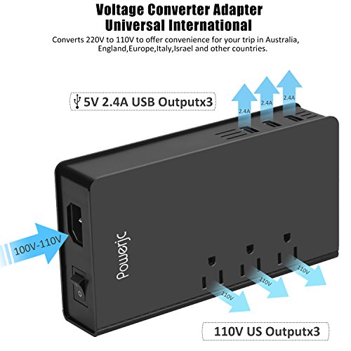 Voltage Converter Power Adapter Universal Power Step Down 220V to 110V 350W Max with 3 USB Smart Charging Ports,for Hair Curler Flat Iron Black Powerjc