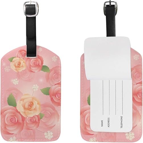 Amazon Zhongji 荷物タグ タグ かわいいスーツケースタグ ネームタグ ピンクの背景の葉のデザインとバラの花 旅行用品 Zhongji バッグ用ネームタグ