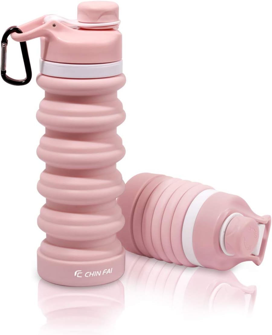 CHINFAI Collapsible Silicone Water Bottle/Portable Travel Sport Water Bottle Folding Save Space, BPA Free 550 mL | 18.6 Oz (Pink)