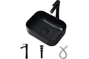 Vessel Sink, Black Vessel Sink with Faucet and Drain Combo-Bokaiya 16x12 Bathroom Vessel Sink Above Counter Matte Black Porcelain Ceramic Art Basin Bowl Bathroom Vessel Sink