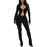 VWIWV Women Sexy 2 Piece Outfits Hollow Out Hook Buckle Top and Bodycon Long Pants Tracksuits Club Outfits