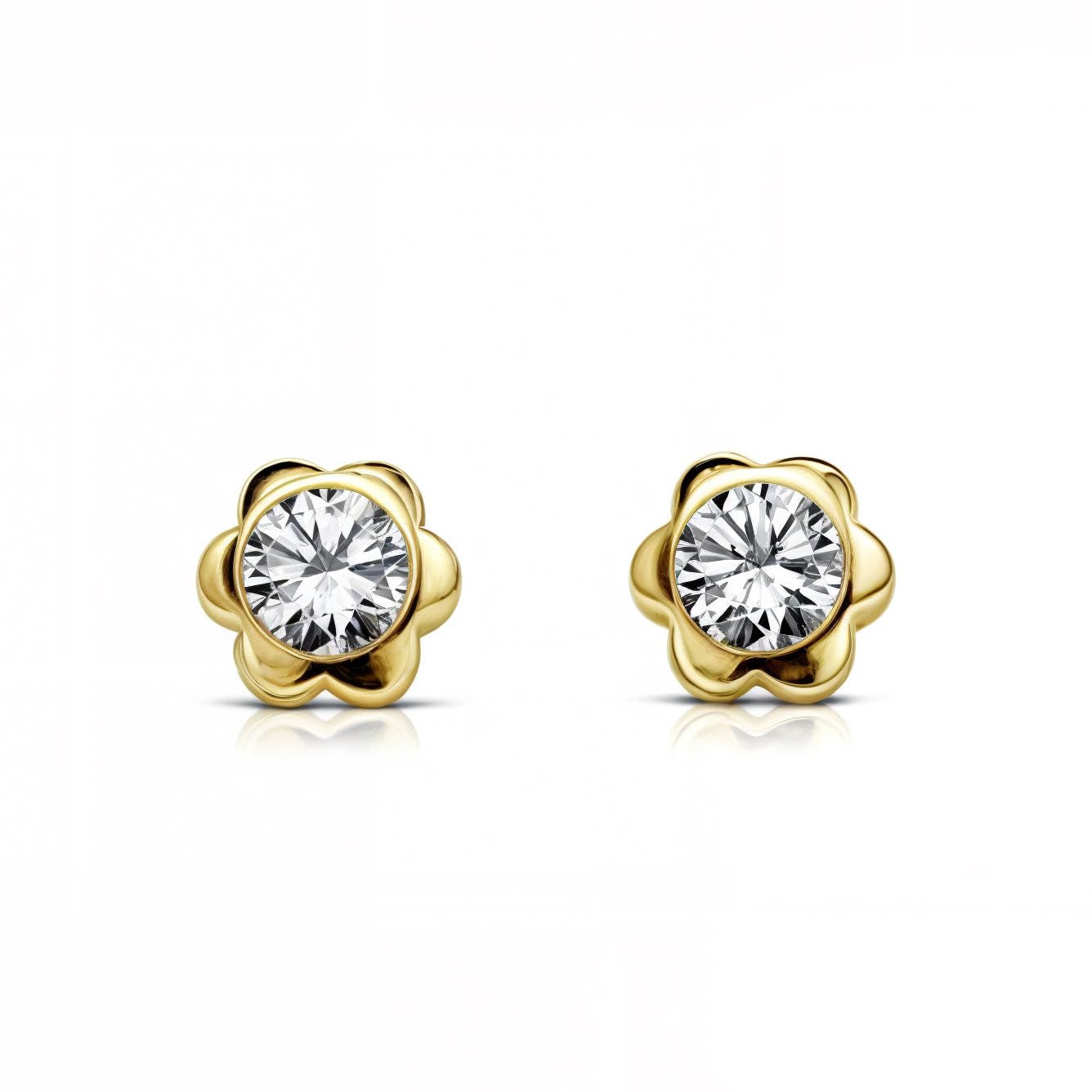 Mondepetit - 9ct Yellow Gold Flower Cubic Zirconia Children's Baby Girls Earrings shine