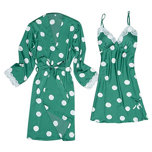 Atezch Women's Sexy Deep V Neck Satin Fashion Dot Print Sling Dress Pajamas Sleepwear Sling Robe Long Sleeve Set (Green, XL)